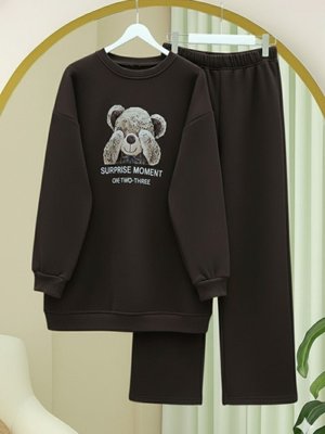 Podyumplus K. Kahve Ayıcık Baskılı Şardonlu İplik Sweat Takım