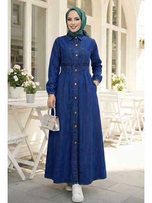 Harmatime butik Belden Lastikli Cep Detaylı Koyu Kot Mavi Elbise