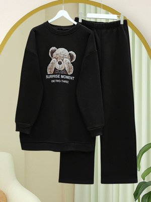 Podyumplus Siyah Ayıcık Baskılı Şardonlu İplik Sweat Takım