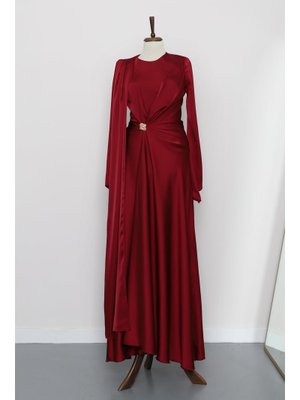 İmaj Butik Bordo Önü Pelerinli Drapeli Saten Abiye Elbise