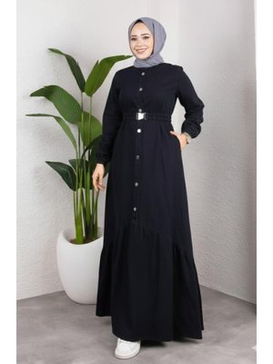 Harmatime butik Düğmeli Kuşaklı Denim Siyah Kot Elbise
