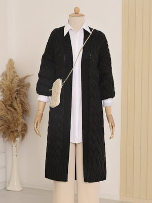 Podyumplus Siyah Saç Örgü Desen Uzun Hırka