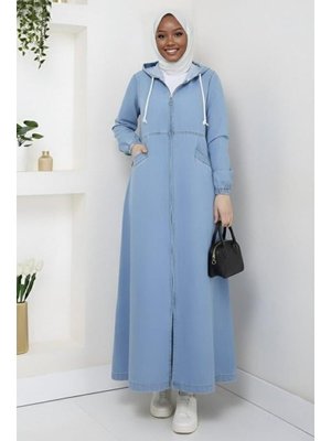 Harmatime butik Kapüşonlu, Fermuarlı Ve Cepli Açık Kot Mavi Kap