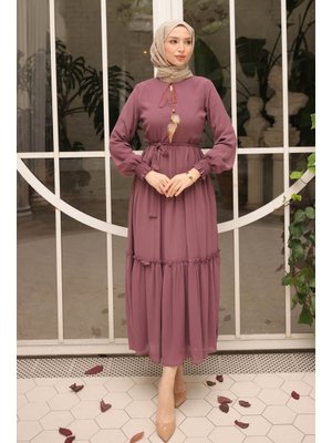 İmaj Butik Gül Kurusu Eteği Katlı Kuşaklı Şifon Elbise