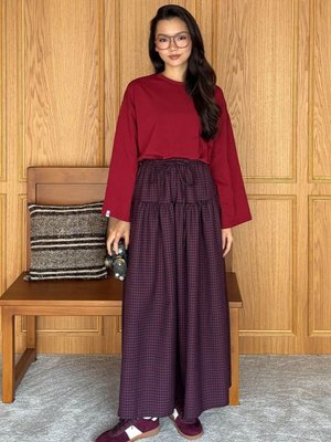 Ceylan Otantik Bordo Pötikare Fırfır Detay Poliviskon Etek