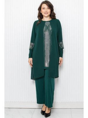 FAHİMA Taş Baskı Detaylı İkili Takım Zümrüt