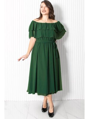 FAHİMA Karmen Yaka Şifon Abiye Elbise Zümrüt