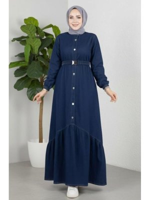 Harmatime butik Düğmeli Kuşaklı Denim Koyu Kot Mavi Elbise
