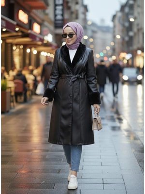 Harmatime butik Yakası Tüylü Kuşaklı Astarlı Siyah Deri Trençkot