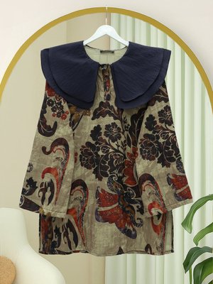 Podyumplus Bej Önlük Yaka Yarım Düğmeli Yırtmaçlı Kapitone Tunik