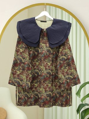 Podyumplus Haki Önlük Yaka Yarım Düğmeli Yırtmaçlı Kapitone Tunik