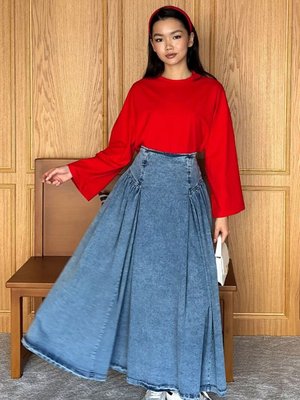 Ceylan Otantik Buz Mavisi Kot Pile Detay Etek