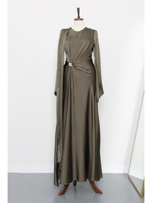 İmaj Butik Haki Önü Pelerinli Drapeli Saten Abiye Elbise