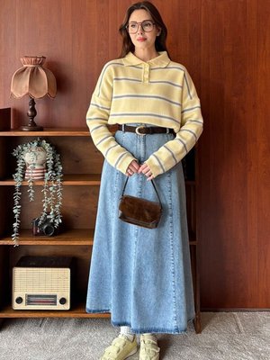 Ceylan Otantik Mavisi Kot Kloş Etek Buz Mavi