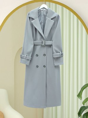 Podyumplus Gri Önü Düğmeli Beli Ve Kolu Kemerli Cepli Astarlı Kaşe Kap