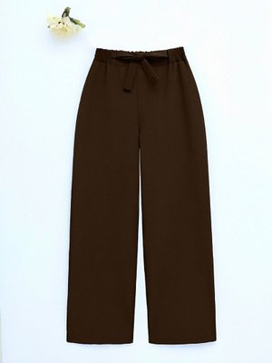 Podyumplus Kahve Duble Kumaş Beli Kuşaklı Bol Paça Pantolon