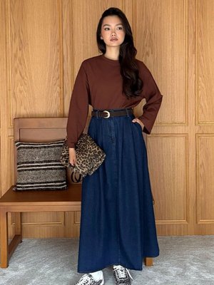 Ceylan Otantik Kot Mavi Tek Düğmeli Etek
