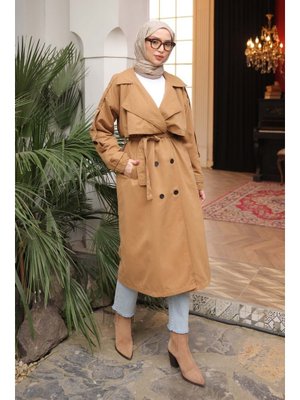 İmaj Butik Camel Kruvaze Yaka Astarlı Trençkot
