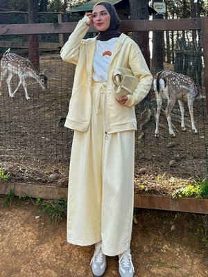 Ceylan Otantik Terayağ İplik Uzun Fermuarlı Eşofman Takım Tereyağ Sarısı