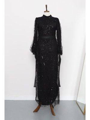 İmaj Butik Siyah Boncuklu Payetli Kemerli Abiye Elbise