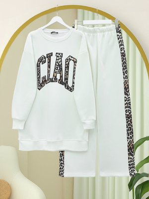 Podyumplus Beyaz Önü Yazılı Leopar Deseni Detaylı Üç İplik Sweat Takım