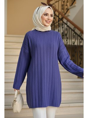 Neva Style Fitilli İndigo Mavisi Triko Kazak Tunik 8844ım