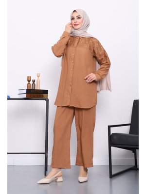 İmaj Butik Kahverengi Dantel Detaylı Boncuklu Tunik Pantolonlu Takım