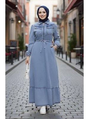 Harmatime butik Cep Detaylı Fermuarlı Mavi Kot Elbise