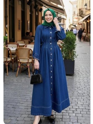 Harmatime butik Beli Büzgülü Düğmeli Koyu Kot Mavi Elbise