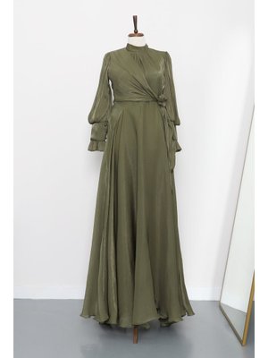 İmaj Butik Yağ Yeşili Yandan Bağlamalı Abiye Elbise