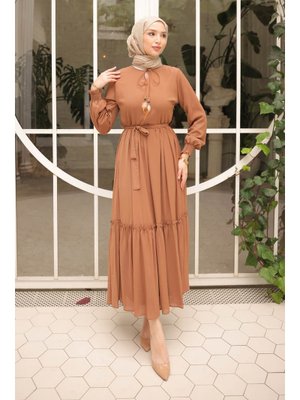 İmaj Butik Camel Eteği Katlı Kuşaklı Şifon Elbise