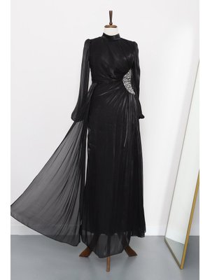 İmaj Butik Siyah Kolu Lastikli Taş Detaylı Abiye Elbise