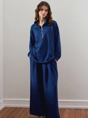 Ceylan Otantik İplik Yarım Fermuarlı Eşofman Takım İndigo