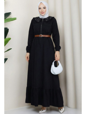 Harmatime butik Taş Detaylı Fermuarlı Kemerli Kot Siyah Elbise