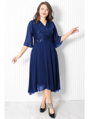 FAHİMA Lacivert Pul Payet Detaylı Abiye Elbise