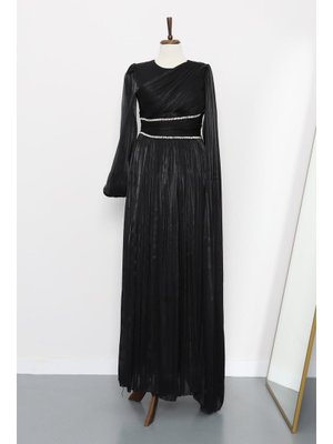 İmaj Butik Siyah Bel Büzgülü Taşlı Abiye Elbise