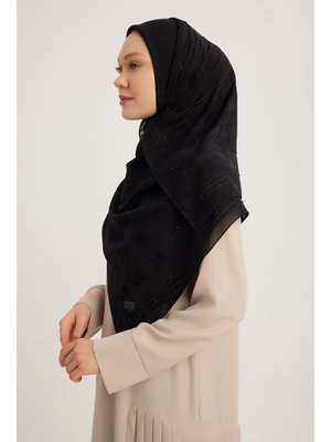 Miss Color Siyah Jakarlı Simli Ekose Şifon Eşarp 120x120cm