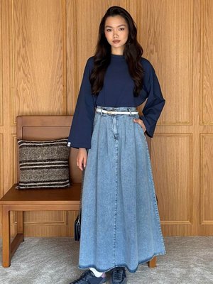 Ceylan Otantik Kot Tek Düğmeli Etek Buz Mavisi