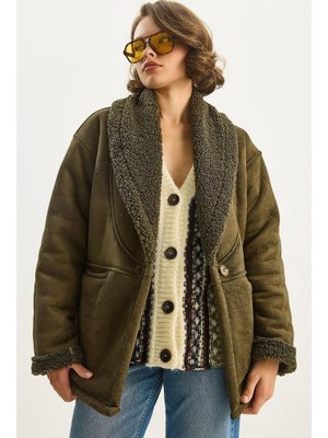 Bianco Lucci Haki İçi Kürklü Cep Detaylı Şal Yaka Süet Kaban