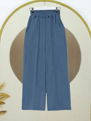 Podyumplus Mavi Çımalı Beli Lastikli Kadife Pantolon