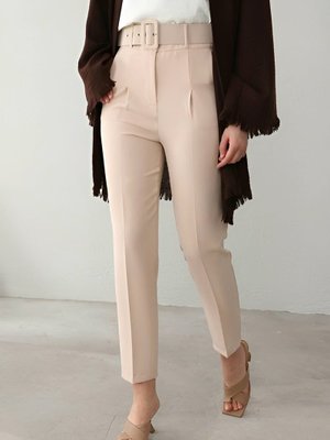 Podyumplus Krem Kalın Kemerli Kumaş Pantolon