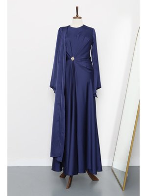İmaj Butik Lacivert Önü Pelerinli Drapeli Saten Abiye Elbise