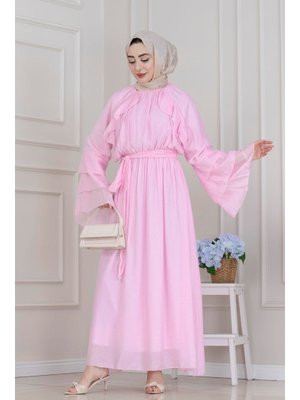 Sevitli Pembe Fırfır Detaylı Lora Elbise