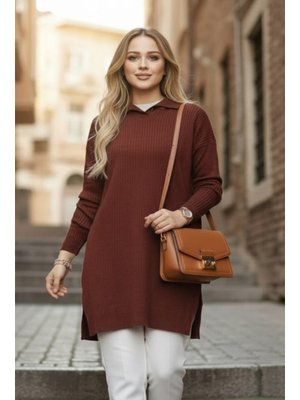 Neva Style Fitilli Koyu Kahverengi Triko Kazak Tunik 65903kkh2