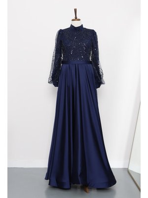 İmaj Butik Lacivert Boncuklu İşlemeli Saten Abiye Elbise