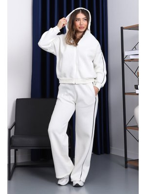 İmaj Butik Ekru Kapüşonlu Üç İplik Sweat Hırka Pantolonlu Takım