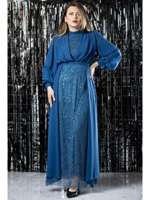 FAHİMA İndigo İşleme Detaylı Şifon Abiye Elbise