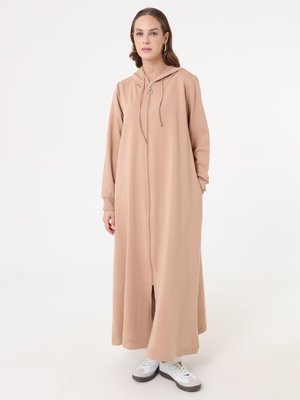 Benin Krem Kapüşon Detaylı Fermuarlı Spor Kap / Pardesü Koyu