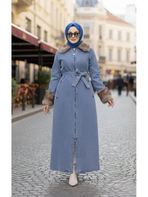 Harmatime butik Tüylü Yakalı Kuşaklı Denim Mavi Kot Kap