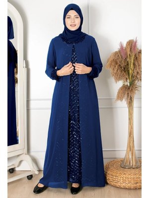 FAHİMA Lacivert Pelerinli Payet Detaylı Abiye